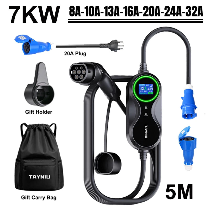 TAYNIU Electric Car Charger 3.5KW 7KW with APP Portable EV Charger Type 2 16A 80V-260V BR Plug Charging Cable 5M for all EVs