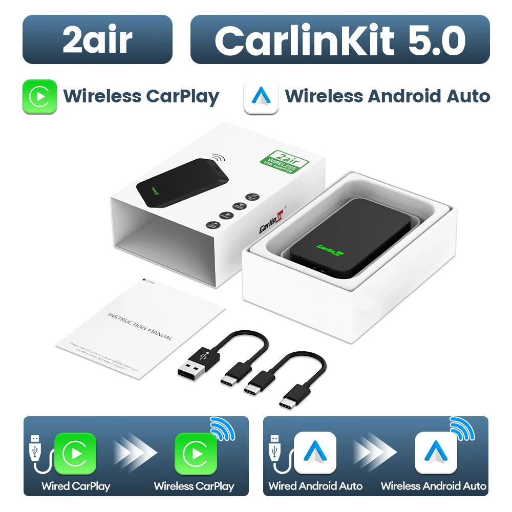 CarlinKit 5.0 Portable Wireless Android Auto & CarPlay Dongle Smart Car AI Box Online Upgrade Plug & Play Android Auto Adapter