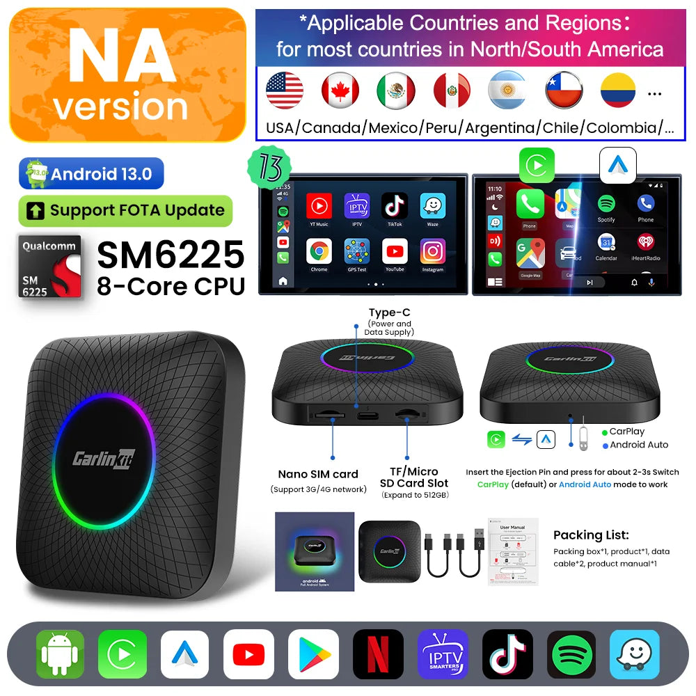 Carlinkit Android 13 Tv Box 6225 LED Wireless Android Auto CarPlay Wireless Adapter Support Youtube Netfilx IPTV Spotify GPS
