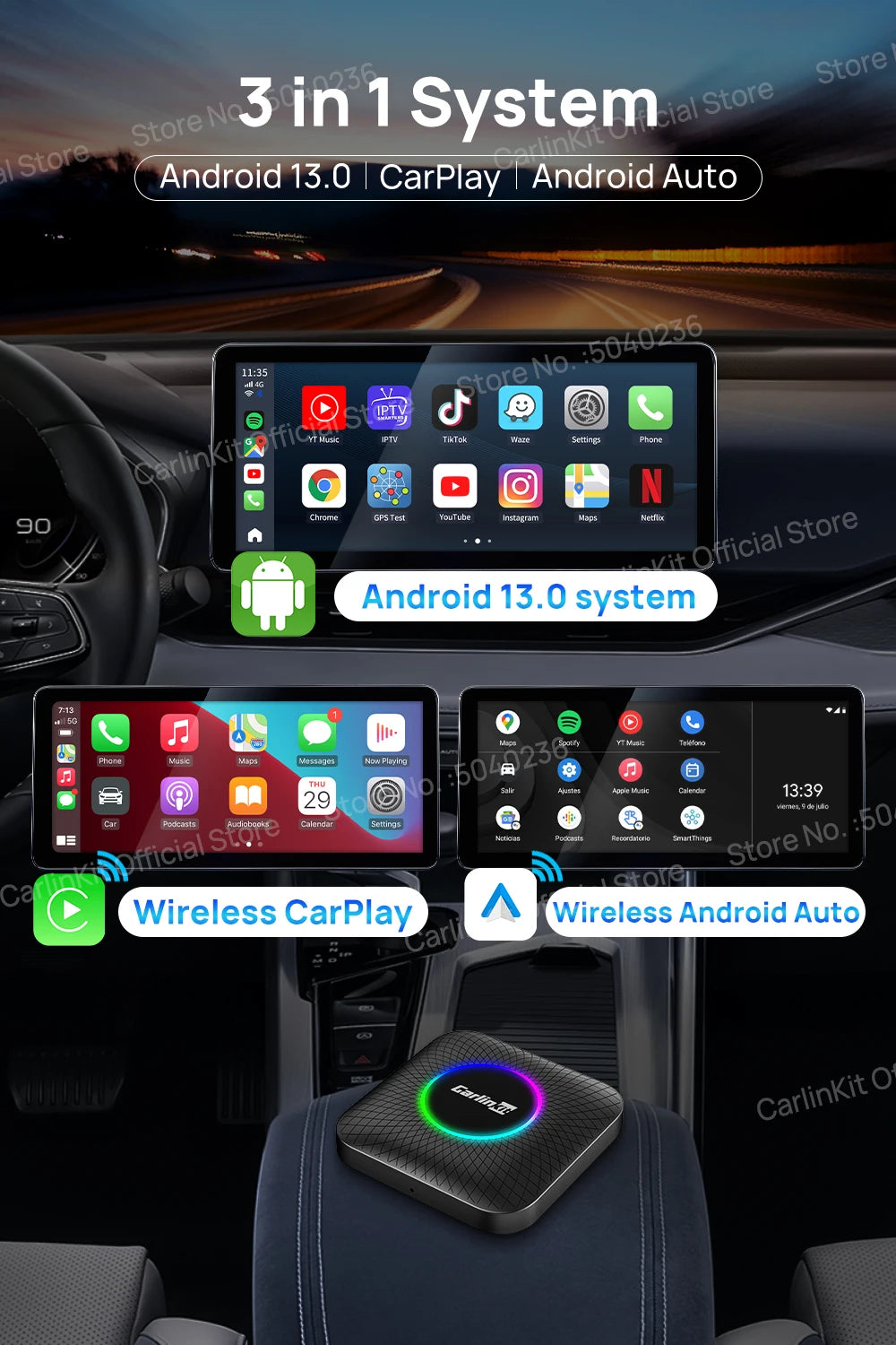 8G+128G Carlinkit CarPlay Ai Box LED Android 13 Wireless Android Auto CarPlay Video TV Box For VW Ford Kia Toyota Honda Benz BYD