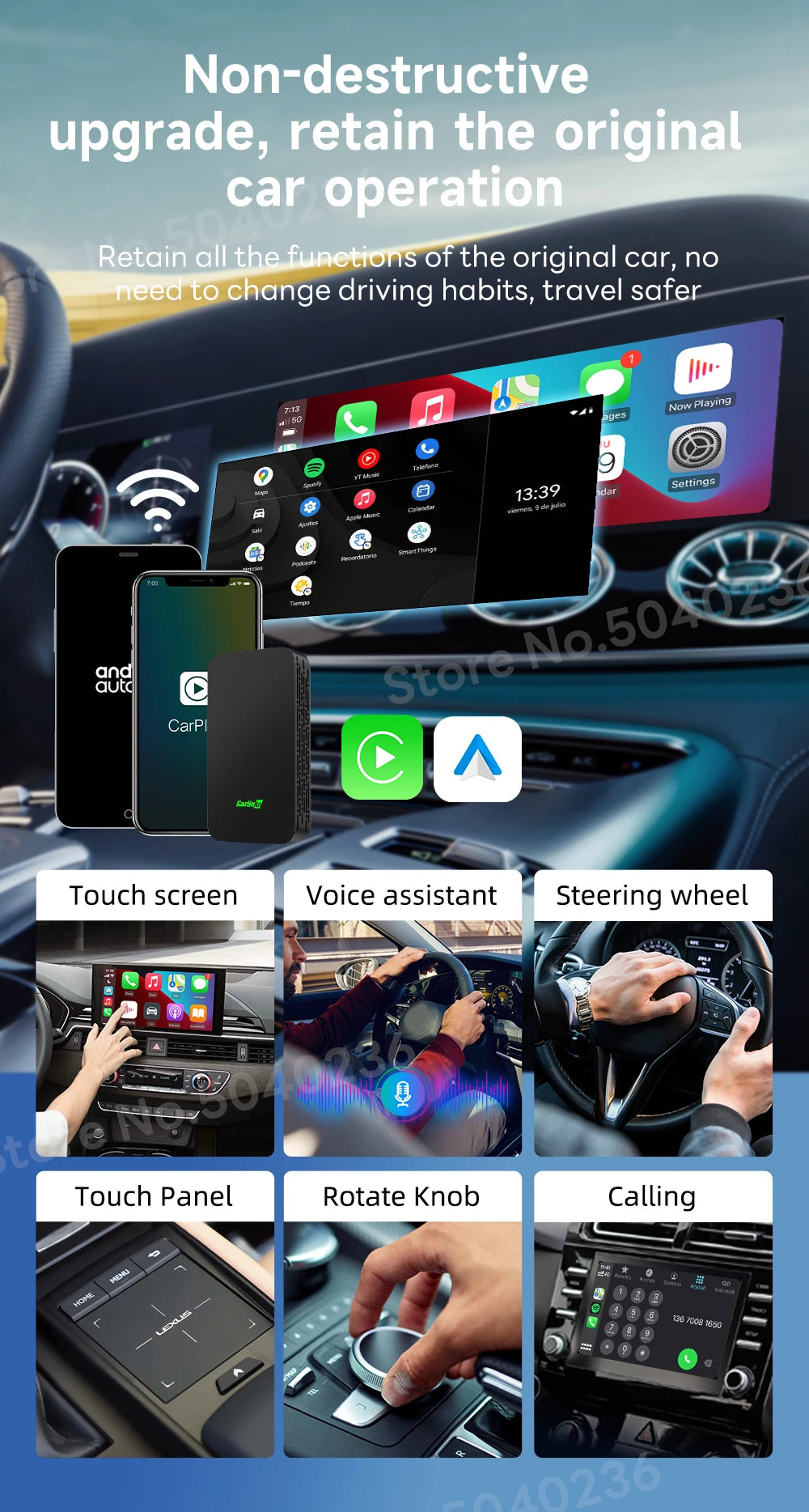 CarlinKit 5.0 Portable Wireless Android Auto & CarPlay Dongle Smart Car AI Box Online Upgrade Plug & Play Android Auto Adapter