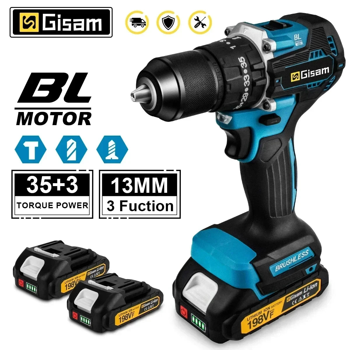 Gisam 13MM 65NM Brushless Electric Impact Drill 35+3 Torque Electric Screwdriver Hammer Drill Tools For Makita 18V Battery Pins