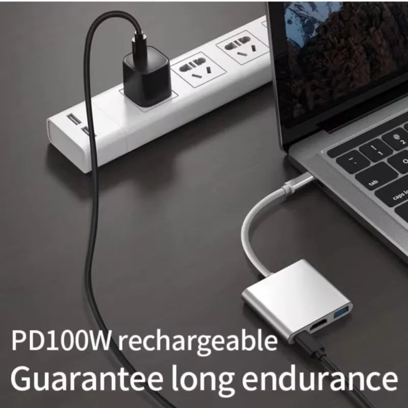 3-em-1 3.0 USB USB C para HDMI Hub Adaptador Multi Porta Tipo-C Hub 100W Porta de Carregamento Rápido