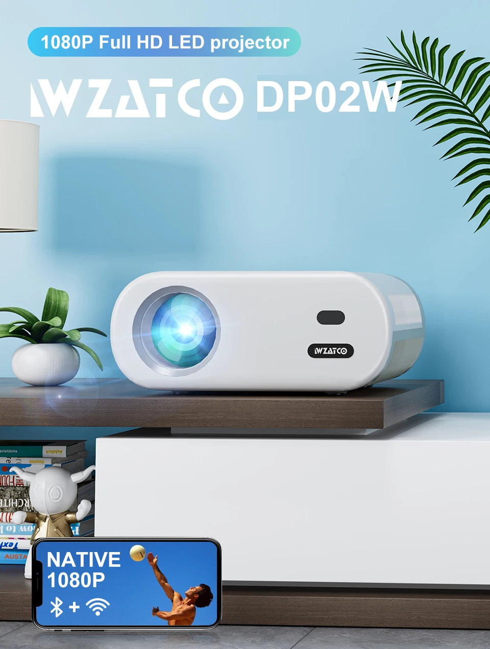 WZATCO DP02W Mini Projectors WiFi 5 Mirror Screen Bluetooth Support Full HD 1080P Projector 4K LED Home Theater Beamer