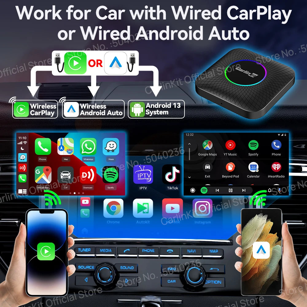 8G+128G Carlinkit CarPlay Ai Box LED Android 13 Wireless Android Auto CarPlay Video TV Box For VW Ford Kia Toyota Honda Benz BYD
