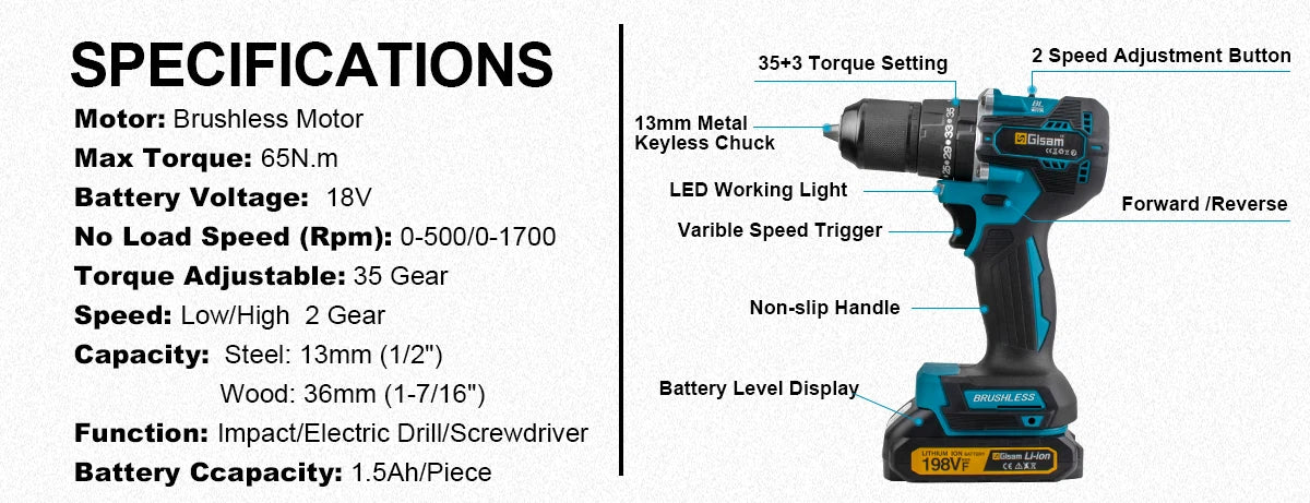 Gisam 13MM 65NM Brushless Electric Impact Drill 35+3 Torque Electric Screwdriver Hammer Drill Tools For Makita 18V Battery Pins