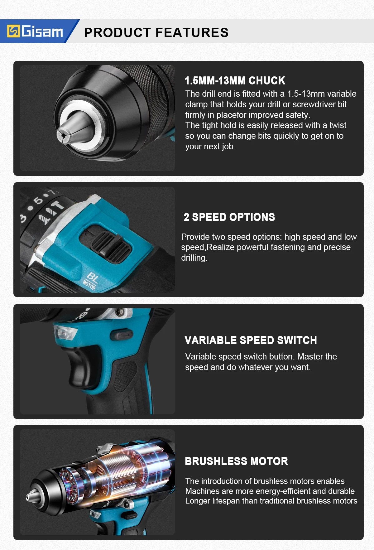 Gisam 13MM 65NM Brushless Electric Impact Drill 35+3 Torque Electric Screwdriver Hammer Drill Tools For Makita 18V Battery Pins