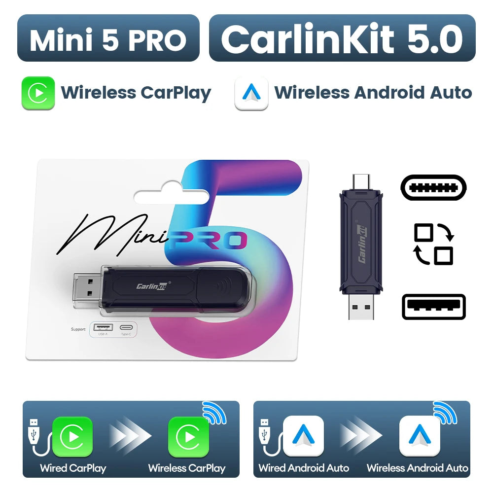 CarlinKit 5.0 Portable Wireless Android Auto & CarPlay Dongle Smart Car AI Box Online Upgrade Plug & Play Android Auto Adapter