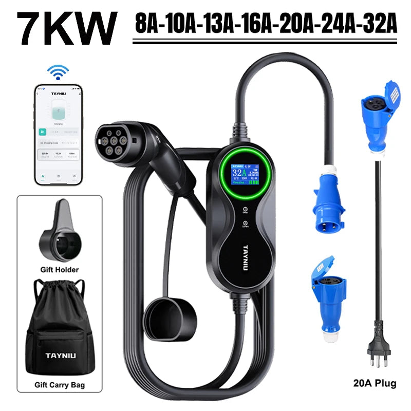 TAYNIU Electric Car Charger 3.5KW 7KW with APP Portable EV Charger Type 2 16A 80V-260V BR Plug Charging Cable 5M for all EVs