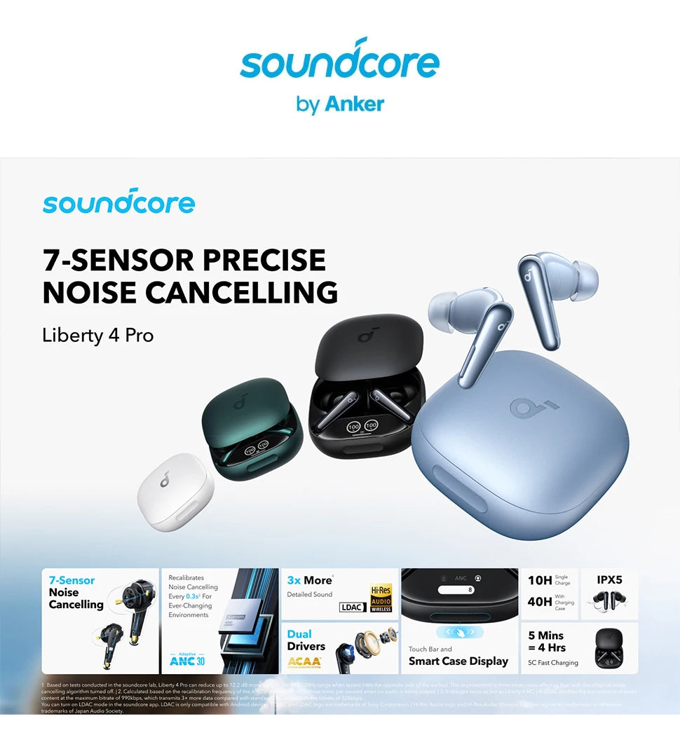 Soundcore by Anker Liberty 4 Pro Noise Cancelling Wireless Earbuds Earphone Bluetooth Wireless Bluetooth Earphones Headphones