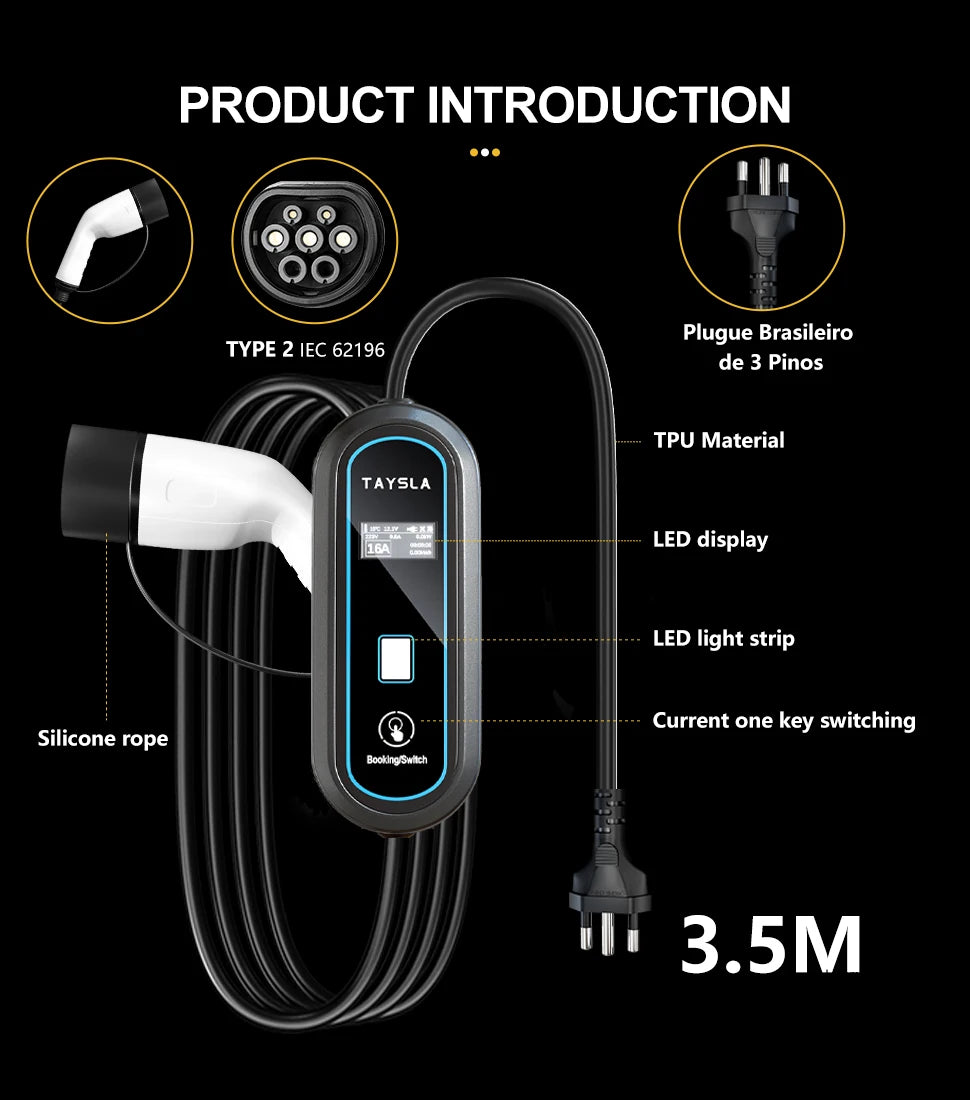 TAYNIU Electric Car Charger 3.5KW 7KW with APP Portable EV Charger Type 2 16A 80V-260V BR Plug Charging Cable 5M for all EVs