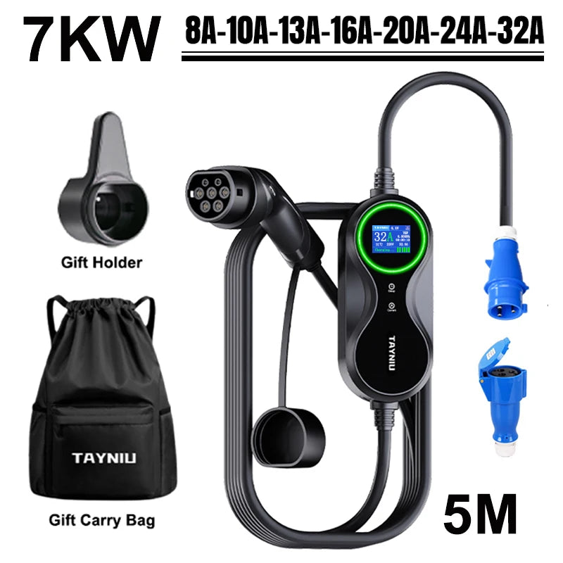 TAYNIU Electric Car Charger 3.5KW 7KW with APP Portable EV Charger Type 2 16A 80V-260V BR Plug Charging Cable 5M for all EVs
