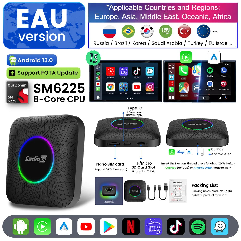 Carlinkit Android 13 Tv Box 6225 LED Wireless Android Auto CarPlay Wireless Adapter Support Youtube Netfilx IPTV Spotify GPS