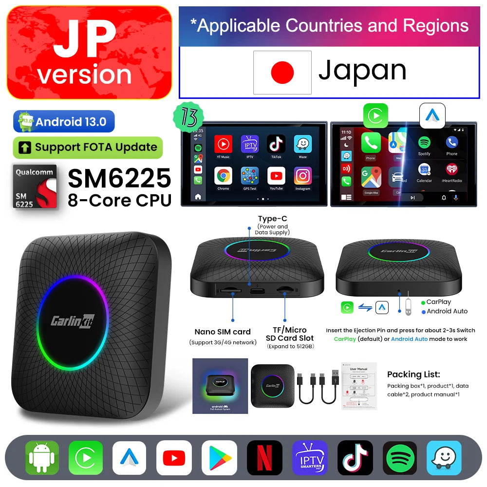 Carlinkit Android 13 Tv Box 6225 LED Wireless Android Auto CarPlay Wireless Adapter Support Youtube Netfilx IPTV Spotify GPS
