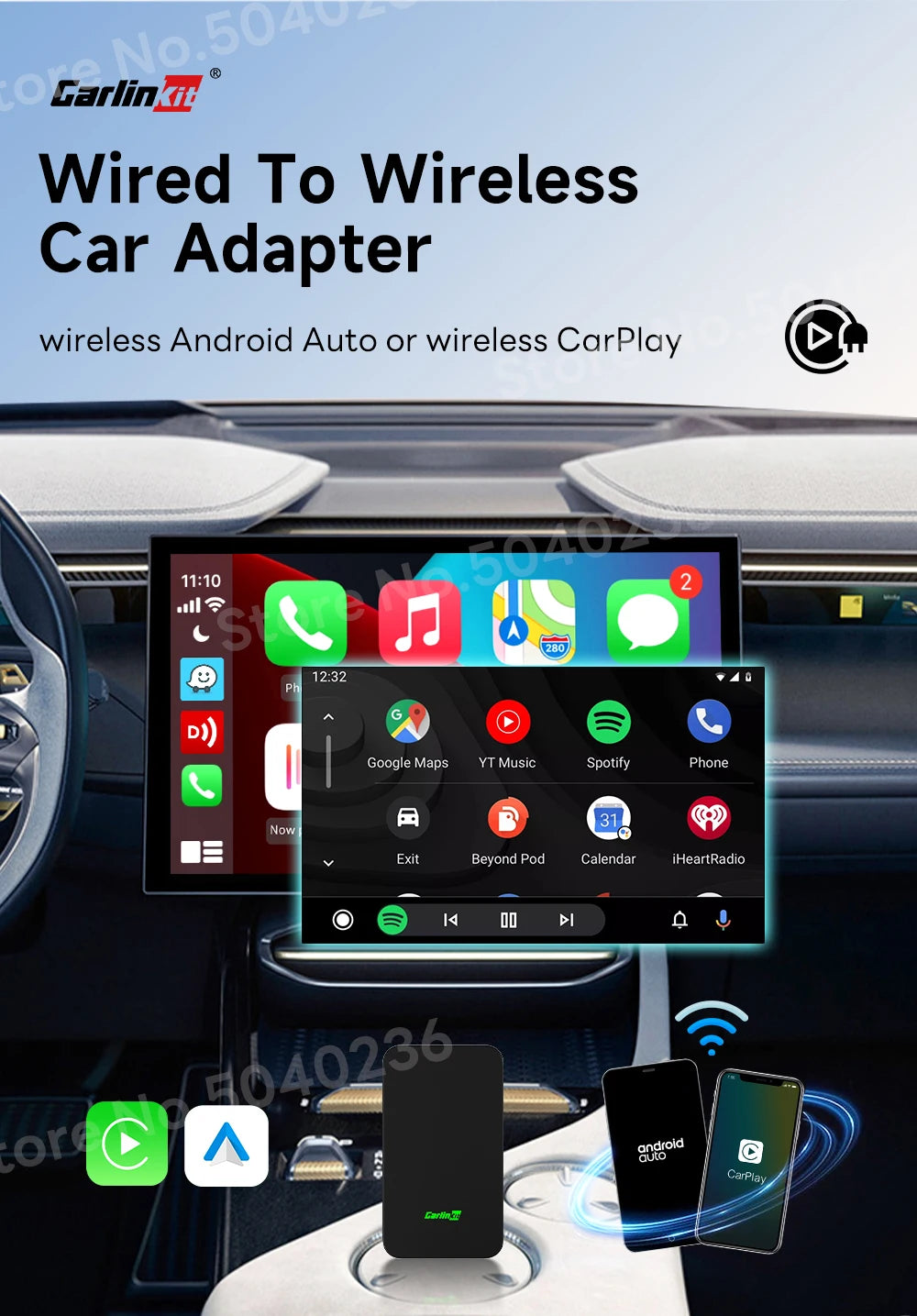 CarlinKit 5.0 Portable Wireless Android Auto & CarPlay Dongle Smart Car AI Box Online Upgrade Plug & Play Android Auto Adapter