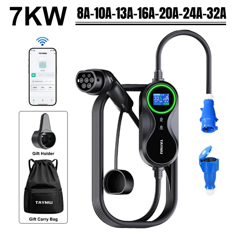 TAYNIU Electric Car Charger 3.5KW 7KW with APP Portable EV Charger Type 2 16A 80V-260V BR Plug Charging Cable 5M for all EVs