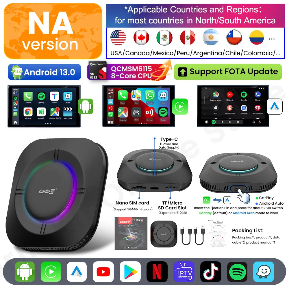 Carlinkit S2 SM6115 Android 13 Tv Box 8 Core Carplay Android auto Wireless Support Youtube Netfilx IPTV Spotify Wifi bluetooth