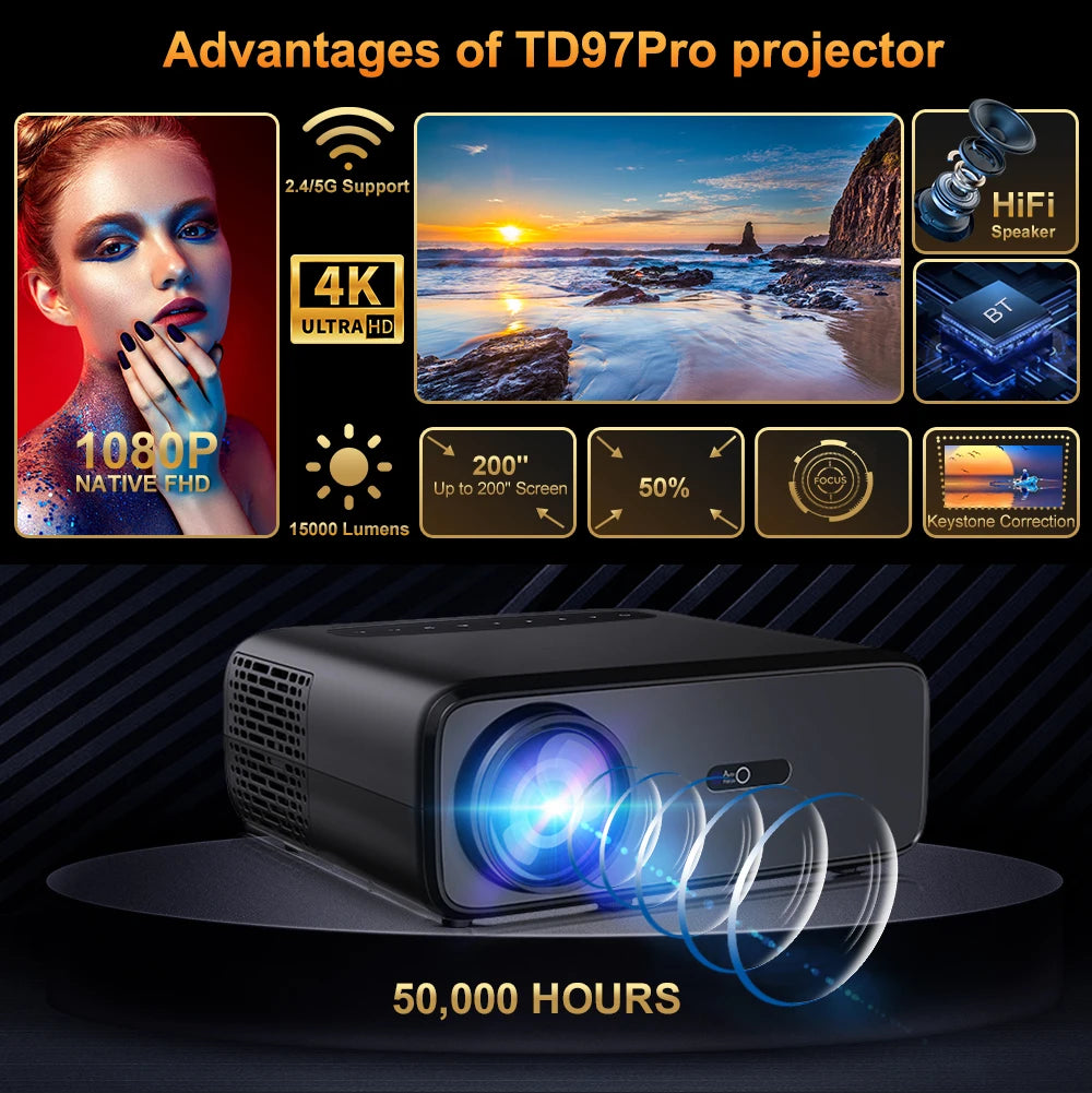 ThundeaL Projector Full Auto HD 1080P WiFi 6 Android TD97 Pro TD97Pro Projector Video Home Movie IOS Smart Phone 3D TV Proyector