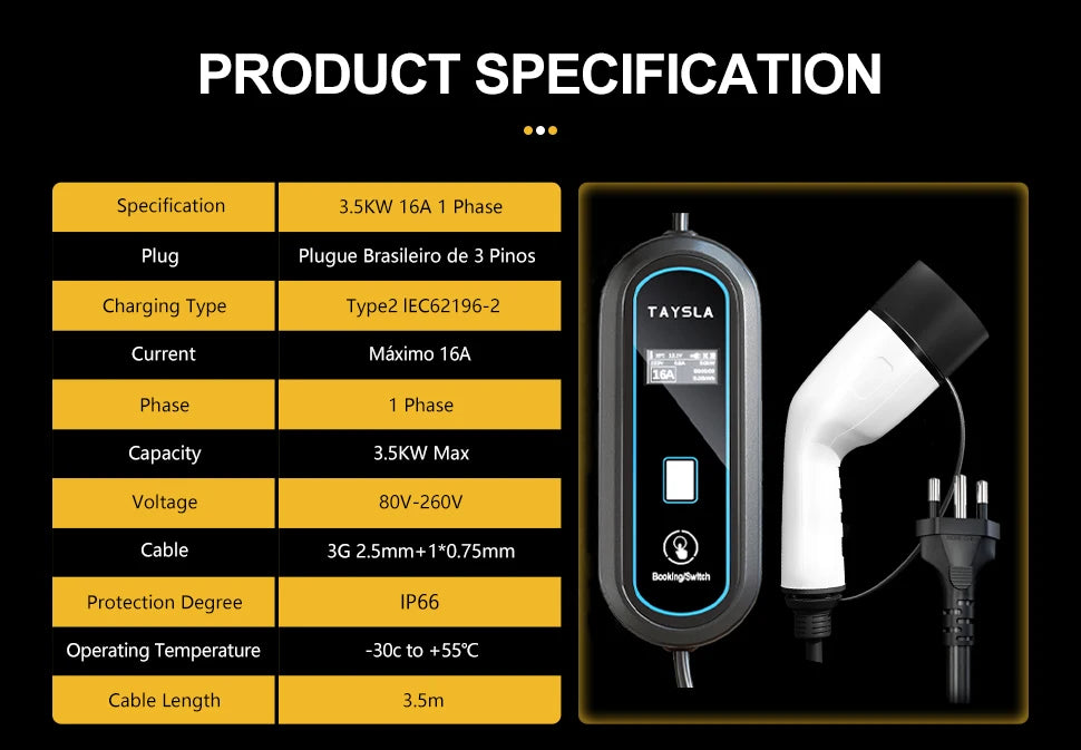 TAYNIU Electric Car Charger 3.5KW 7KW with APP Portable EV Charger Type 2 16A 80V-260V BR Plug Charging Cable 5M for all EVs