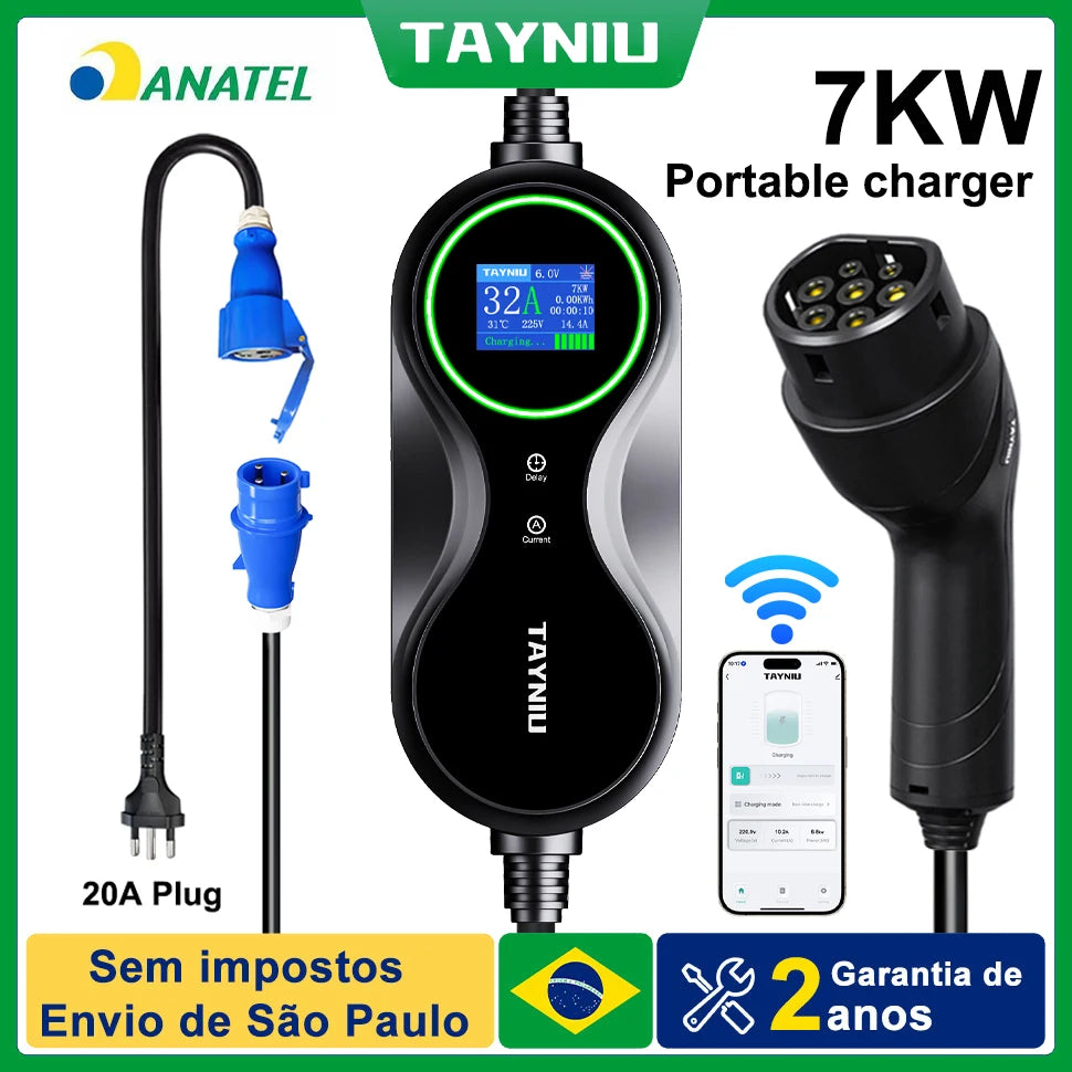 TAYNIU Electric Car Charger 3.5KW 7KW with APP Portable EV Charger Type 2 16A 80V-260V BR Plug Charging Cable 5M for all EVs