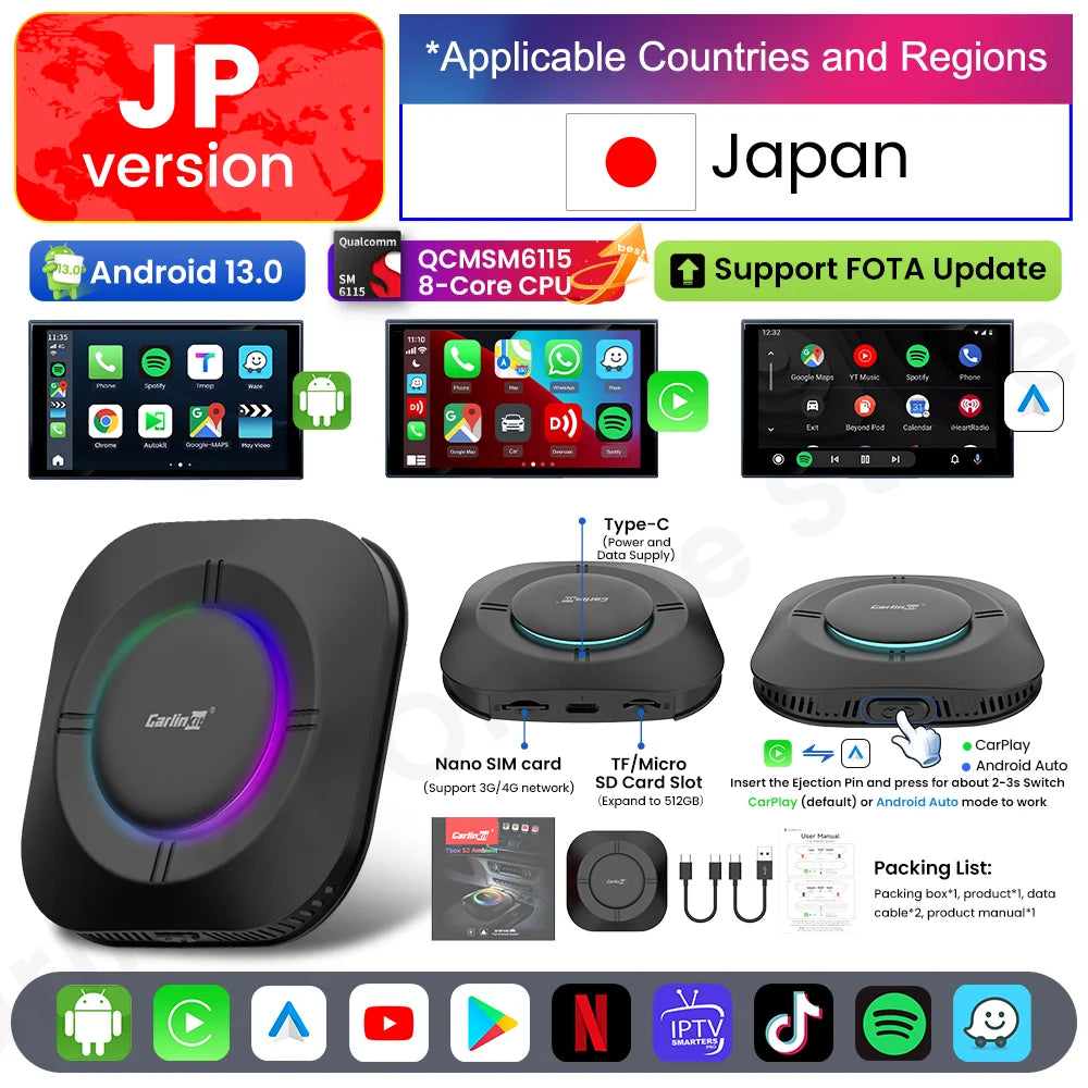 Carlinkit S2 SM6115 Android 13 Tv Box 8 Core Carplay Android auto Wireless Support Youtube Netfilx IPTV Spotify Wifi bluetooth