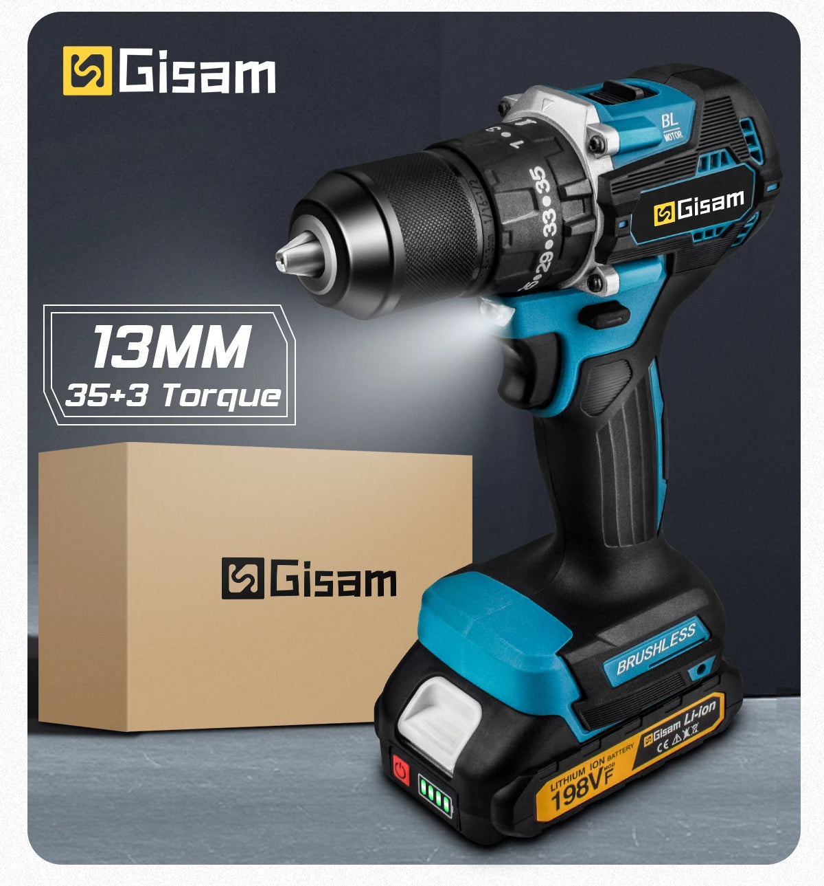 Gisam 13MM 65NM Brushless Electric Impact Drill 35+3 Torque Electric Screwdriver Hammer Drill Tools For Makita 18V Battery Pins
