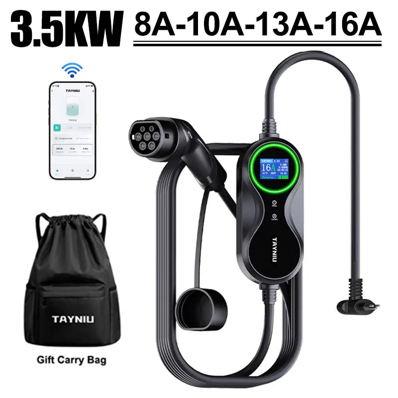 TAYNIU Electric Car Charger 3.5KW 7KW with APP Portable EV Charger Type 2 16A 80V-260V BR Plug Charging Cable 5M for all EVs