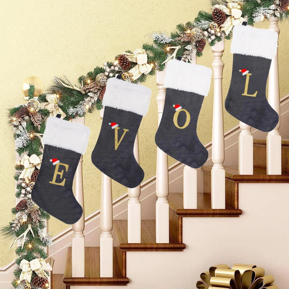 Christmas Socks Large Velvet Letter Stocking Christmas Decoration For Home Fireplace Navidad Natal Xmas Tree Ornament Gift Bag