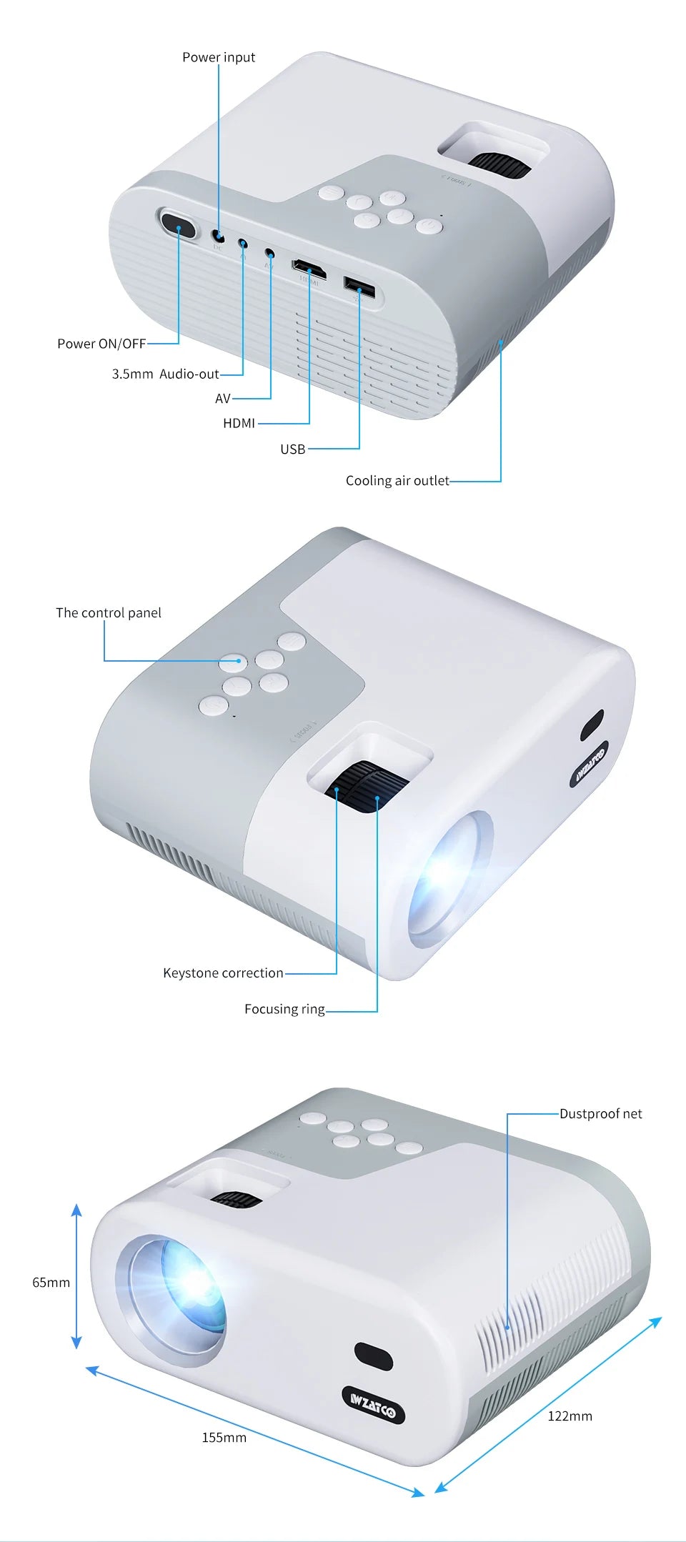 WZATCO DP02W Mini Projectors WiFi 5 Mirror Screen Bluetooth Support Full HD 1080P Projector 4K LED Home Theater Beamer