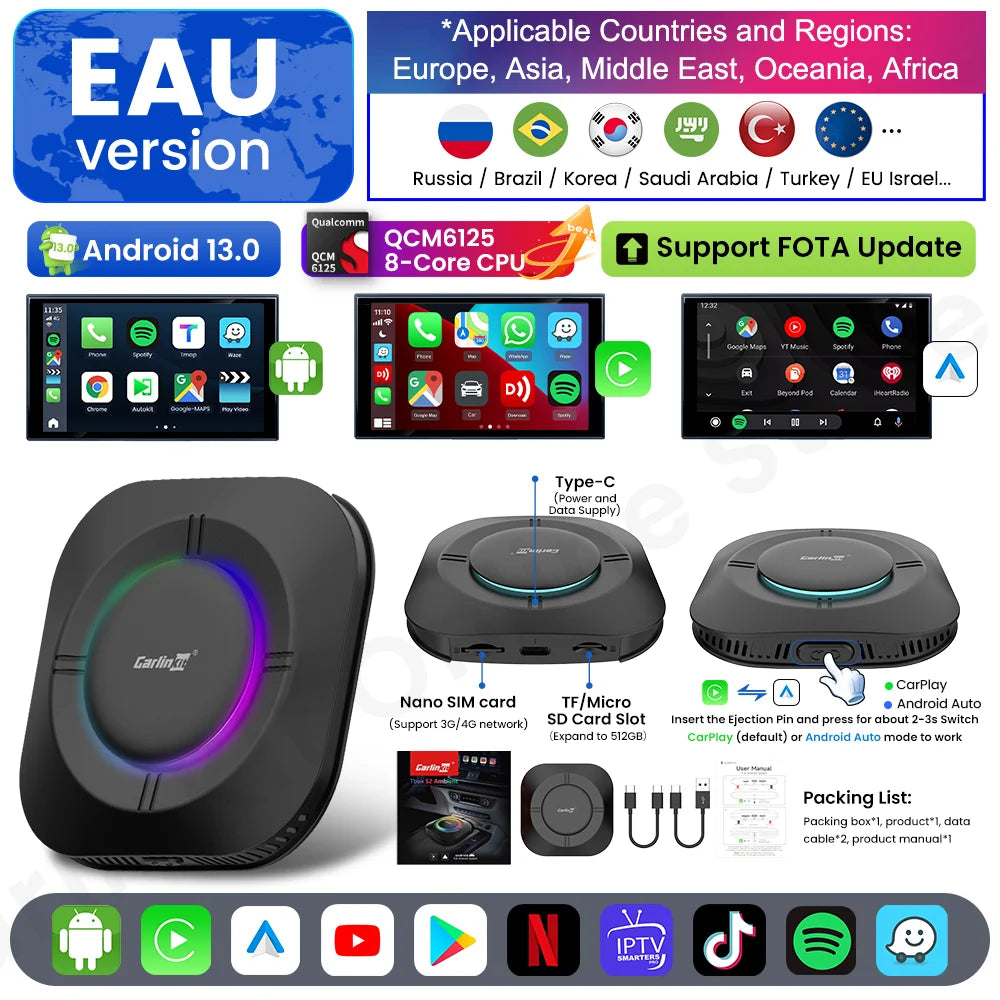 Carlinkit S2 SM6115 Android 13 Tv Box 8 Core Carplay Android auto Wireless Support Youtube Netfilx IPTV Spotify Wifi bluetooth