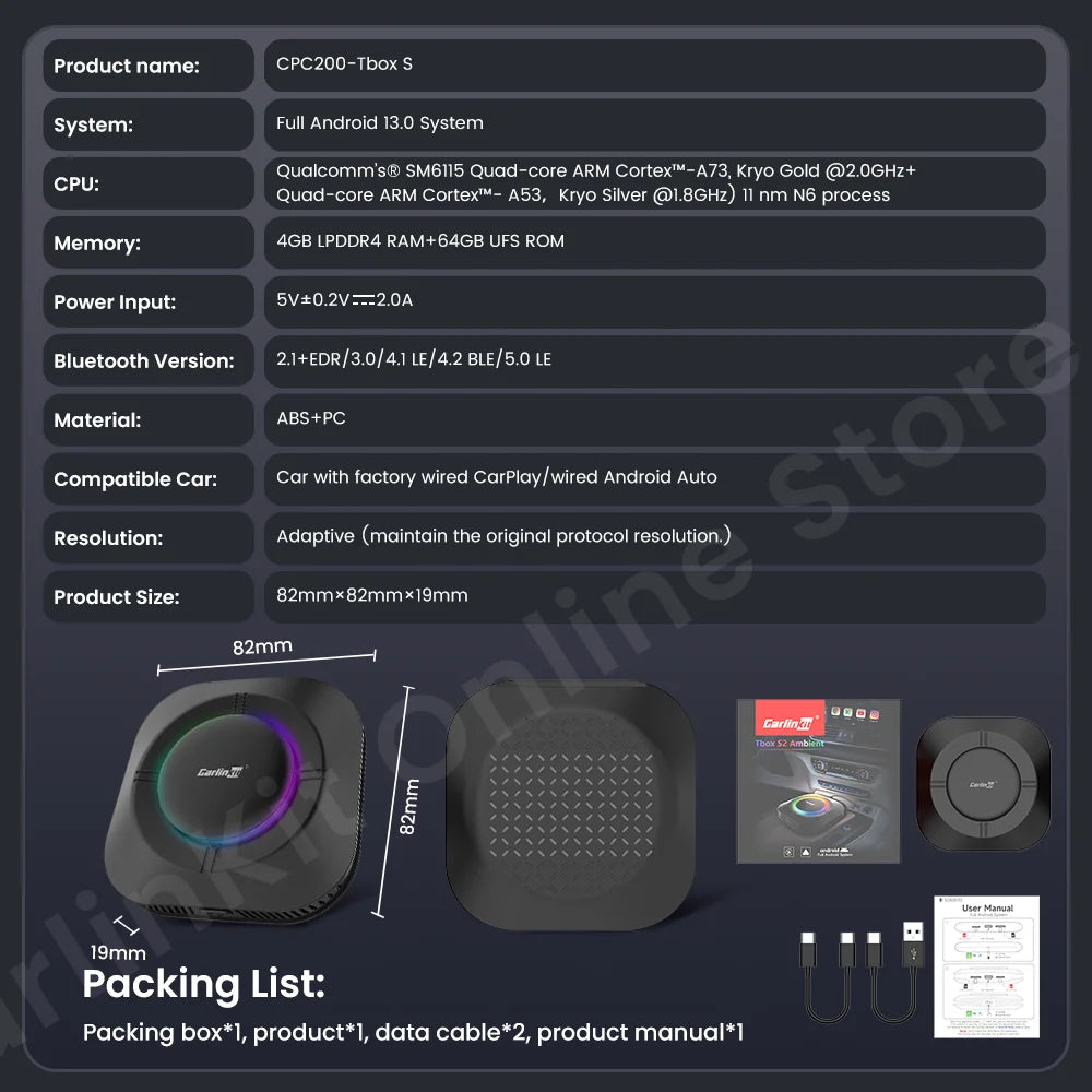 Carlinkit S2 SM6115 Android 13 Tv Box 8 Core Carplay Android auto Wireless Support Youtube Netfilx IPTV Spotify Wifi bluetooth