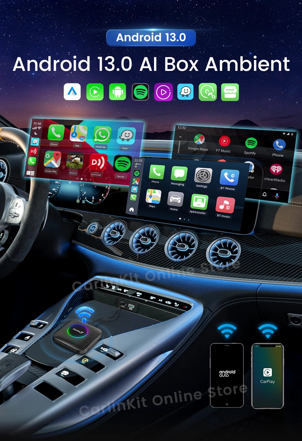 Carlinkit Android 13 Tv Box 6225 LED Wireless Android Auto CarPlay Wireless Adapter Support Youtube Netfilx IPTV Spotify GPS